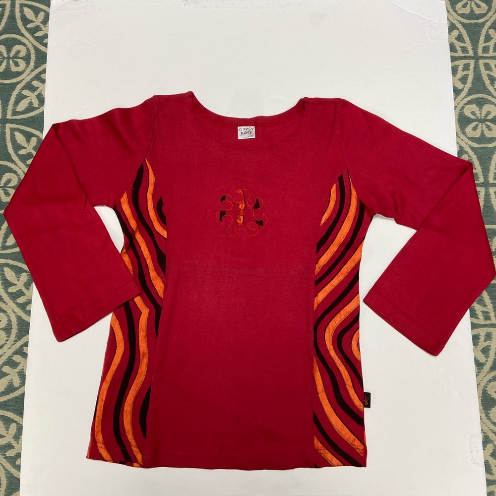 Red and Orange Shirt with sun embroidery and trippy screen print